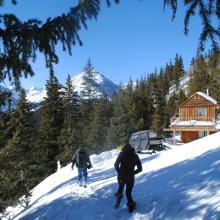 In this Jan. 24, 2014 photo, Andy and Ceil Barrie walk to their mining cabin near Breckenridge, Colo. Summit County wants to condemn 10 acres of land that belongs to the Barrie's through the controversial power of eminent domain. (AP Photo/Nicholas Riccardi)