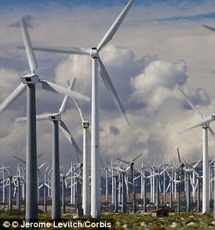 The windmills work in the same way as wind turbines, pictured. Blades are spun in the wind, which spins a shaft connected to a generator