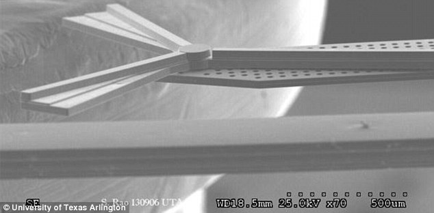 Each windmill, close up pictured, is made of flexible nickel alloy components capable of taking strong winds without breaking. They are so small that ten of them can fit onto a single grain of rice. Taiwanese fabrication foundry WinMEMS Technologies owns exclusive rights to sell the concept