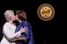 Houston Mayor Annise Parker,left, kisses her partner Kathy Hubbard after Parker was sworn in for her third term as mayor during the City of Houston Inauguration Ceremony for Mayor Parker, City Controller Ronald Green and the 16-member Houston City Council at Wortham Theater Center Thursday, Jan. 2, 2014, in Houston. During her inauguration speech, Parker called for a non-discrimination ordinance, improvements to infrastructure and continued economic growth. (AP Photo/Houston Chronicle, Johnny Hanson) MANDATORY CREDIT (REV-SHARE) REV-SHARE