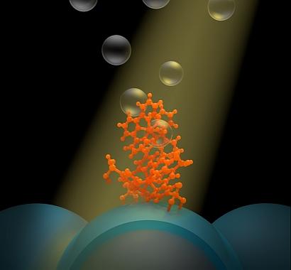 A new system for storing solar energy takes its cue from photosynthesis by using the sun's energy to split water into hydrogen and oxygen, and then storing the former while releasing the latter as a byproduct. (Image courtesy: Yan Liang)