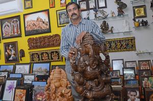 S. Anand Karthick, at Cosmic's Art Gallery in Tiruchi. PHOTO: R.M. RAJARATHINAM